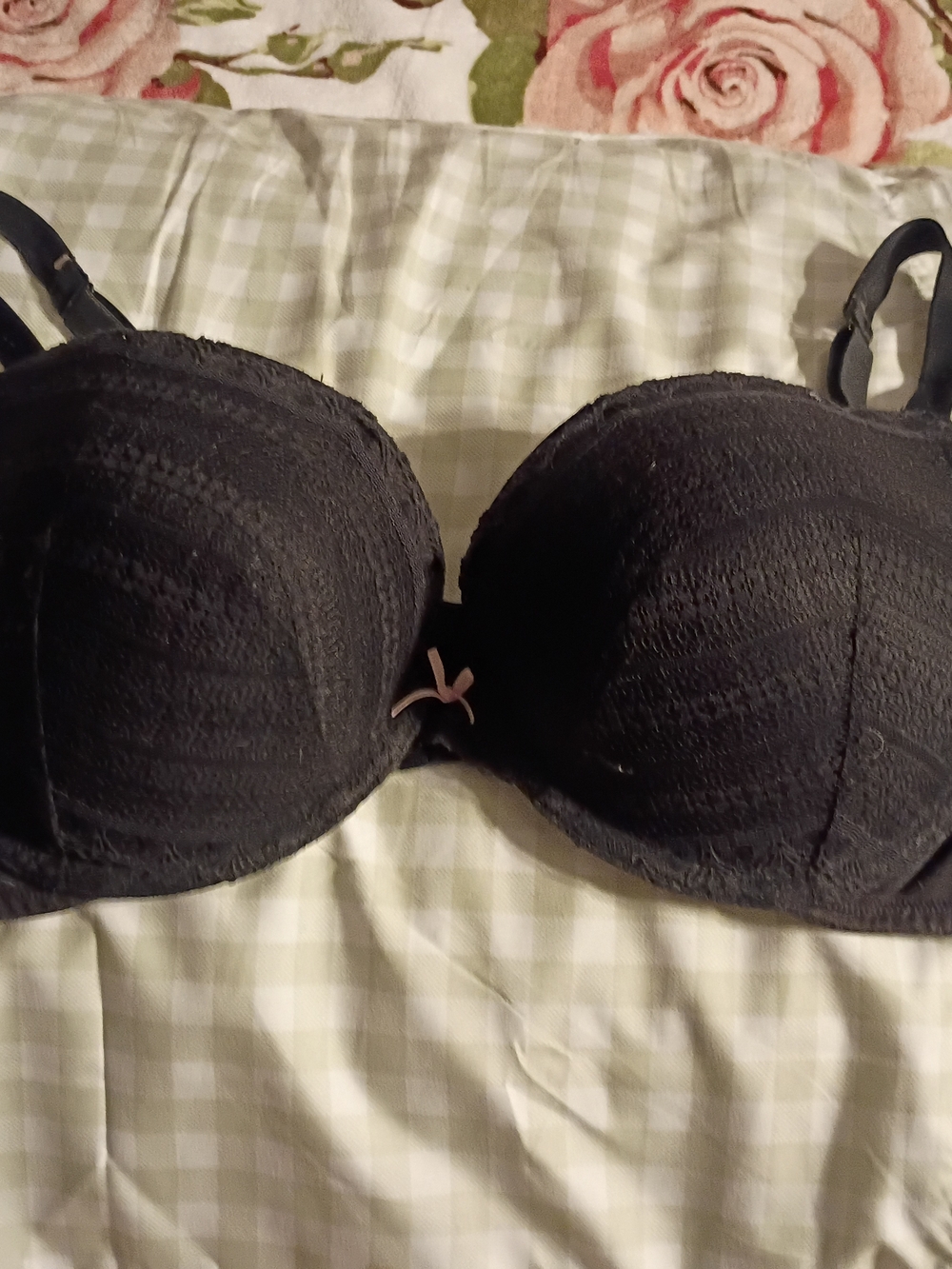 Cacique Black Lace Push-Up Bra with Pink Bow Accent